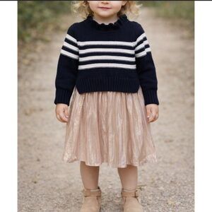 Crewcuts Girls 2T Navy & White Striped Sweater Dress with Shimmery Pleated Skirt